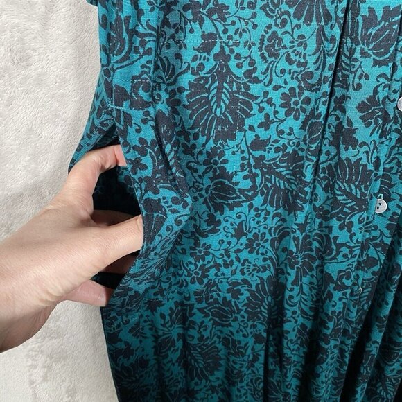 J Jill Dress XL Viridian Deco Scroll Green Floral Pleated Button Up Stretch - Picture 7 of 12